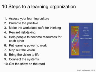 10 Steps to a learning organization
1. Assess your learning culture
2. Promote the positive
3. Make the workplace safe for thinking
4. Reward risk-taking
5. Help people to become resources for
each other
6. Put learning power to work
7. Map out the vision
8. Bring the vision to life
9. Connect the systems
10.Get the show on the road
Kline, P and Saunders, B 2010
 