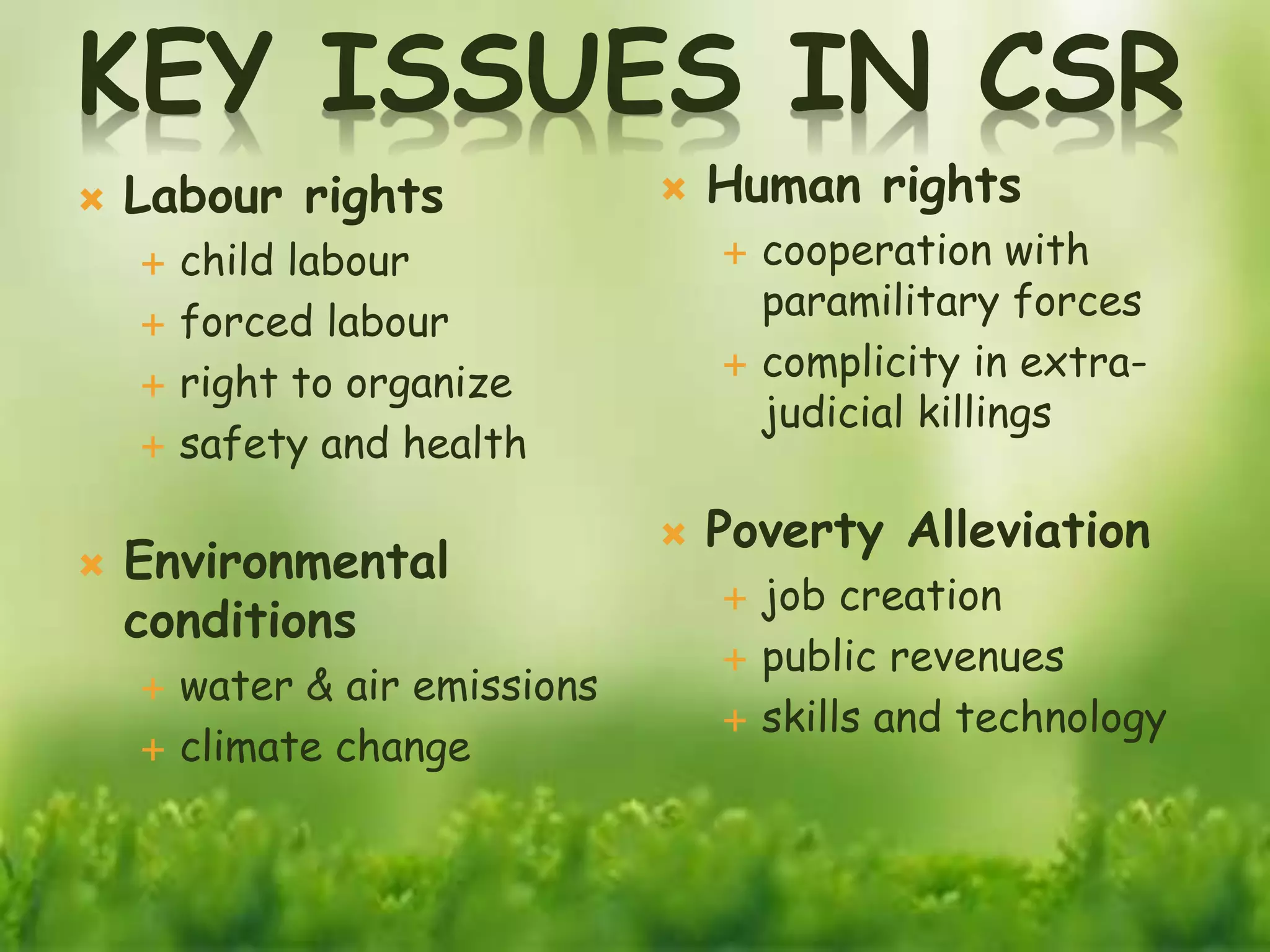 KEY ISSUES IN CSR
 Labour rights
 child labour
 forced labour
 right to organize
 safety and health
 Environmental
conditions
 water & air emissions
 climate change
 Human rights
 cooperation with
paramilitary forces
 complicity in extra-
judicial killings
 Poverty Alleviation
 job creation
 public revenues
 skills and technology
 