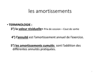 les amortissements
• TERMINOLOGIE :
3°) la valeur résiduelle= Prix de cession – Cout de sortie
4°) l’annuité est l’amortissement annuel de l’exercice.
5°) les amortissements cumulés sont l’addition des
différentes annuités pratiquées.
7
 