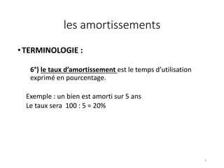 les amortissements
•TERMINOLOGIE :
6°) le taux d’amortissement est le temps d’utilisation
exprimé en pourcentage.
Exemple : un bien est amorti sur 5 ans
Le taux sera 100 : 5 = 20%
8
 