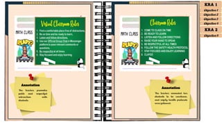 Annotation
Annotation
The teacher promotes
polite and respectful
interaction with
students.
The teacher reminded her
students to be courteous,
and safety health protocols
were followed.
KRA 1
Objective 1
Objective 2
Objective 3
Objective 4
KRA 2
Objective 5
 