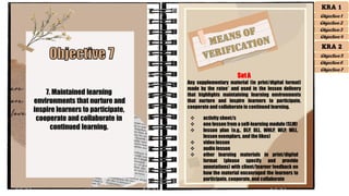 7. Maintained learning
environments that nurture and
inspire learners to participate,
cooperate and collaborate in
continued learning.
SetA
Any supplementary material (in print/digital format)
made by the ratee* and used in the lesson delivery
that highlights maintaining learning environments
that nurture and inspire learners to participate,
cooperate and collaborate in continued learning.
❖ activity sheet/s
❖ one lesson from a self-learning module (SLM)
❖ lesson plan (e.g., DLP, DLL, WHLP, WLP, WLL,
lesson exemplars, and the likes)
❖ video lesson
❖ audio lesson
❖ other learning materials in print/digital
format (please specify and provide
annotations) with client/learner feedback on
how the material encouraged the learners to
participate, cooperate, and collaborate
KRA 1
Objective 1
Objective 2
Objective 3
Objective 4
KRA 2
Objective 5
Objective 6
Objective 7
 