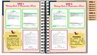Annotation
Most learners have been
encouraged to achieve
and own their learning
as a result of well-
aligned strategies and
materials used by the
teacher.
The majority of the
students accepted
responsibility for their
own learning, as
instructed by the teacher.
COT 1
Rating Sheet & Observation Form
COT 2
Rating Sheet & Observation Form
Annotation
KRA 1
Objective 1
Objective 2
Objective 3
Objective 4
KRA 2
Objective 5
Objective 6
Objective 7
 