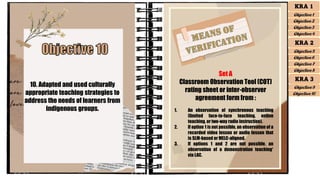 10. Adapted and used culturally
appropriate teaching strategies to
address the needs of learners from
indigenous groups.
Set A
Classroom Observation Tool (COT)
rating sheet or inter-observer
agreement form from :
1. An observation of synchronous teaching
(limited face-to-face teaching, online
teaching, or two-way radio instruction).
2. If option 1 is not possible, an observation of a
recorded video lesson or audio lesson that
is SLM-based or MELC-aligned.
3. If options 1 and 2 are not possible, an
observation of a demonstration teaching*
via LAC.
KRA 1
Objective 1
Objective 2
Objective 3
Objective 4
KRA 2
Objective 5
Objective 6
Objective 7
Objective 8
KRA 3
Objective 9
Objective 10
 