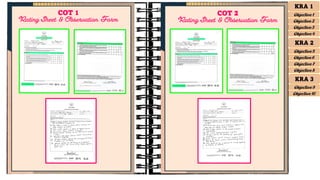 COT 1
Rating Sheet & Observation Form
COT 2
Rating Sheet & Observation Form
KRA 1
Objective 1
Objective 2
Objective 3
Objective 4
KRA 2
Objective 5
Objective 6
Objective 7
Objective 8
KRA 3
Objective 9
Objective 10
 