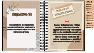 10. Adapted and used culturally
appropriate teaching strategies to
address the needs of learners from
indigenous groups.
Set B
Teacher Reflection Form (TRF) on
adapting and using culturally
appropriate teaching strategies to
address the needs of learners from
indigenous groups and certification
from the school heads that the
ratee’s classes have no identified
learner/s from indigenous groups.
KRA 1
Objective 1
Objective 2
Objective 3
Objective 4
KRA 2
Objective 5
Objective 6
Objective 7
Objective 8
KRA 3
Objective 9
Objective 10
 