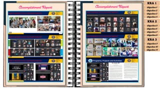 Accomplishment Report
Accomplishment Report
KRA 1
Objective 1
Objective 2
Objective 3
Objective 4
KRA 2
Objective 5
Objective 6
Objective 7
Objective 8
KRA 3
Objective 9
Objective 10
Objective 11
 