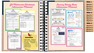 Learning Activity Sheets
(Intervention Material)
Annotation
Intervention Material
used for Intervention
Learning Program/
remediation /
reinforcement /
enhancement.
G8 Mathematics Worksheets
(Intervention Material)
KRA 1
Objective 1
Objective 2
Objective 3
Objective 4
KRA 2
Objective 5
Objective 6
Objective 7
Objective 8
KRA 3
Objective 9
Objective 10
Objective 11
Objective 12
 