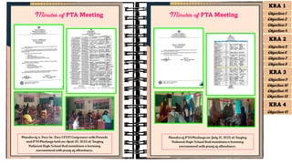 Minutes of a Face-to-Face (F2F) Conference with Parents
and PTA Meetings held on April 29, 2022 at Tingloy
National High School that maintains a learning
environment with proof of attendance.
Minutes of PTA Meetings on July 11, 2022 at Tingloy
National High School that maintains a learning
environment with proof of attendance.
Minutes of PTA Meeting Minutes of PTA Meeting
KRA 1
Objective 1
Objective 2
Objective 3
Objective 4
KRA 2
Objective 5
Objective 6
Objective 7
Objective 8
KRA 3
Objective 9
Objective 10
Objective 11
Objective 12
KRA 4
Objective 13
 