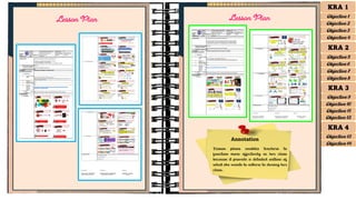 Annotation
Lesson plans enables teachers to
function more effectively in her class
because it provide a detailed outline of
what she wants to adhere to during her
class.
Lesson Plan Lesson Plan
KRA 1
Objective 1
Objective 2
Objective 3
Objective 4
KRA 2
Objective 5
Objective 6
Objective 7
Objective 8
KRA 3
Objective 9
Objective 10
Objective 11
Objective 12
KRA 4
Objective 13
Objective 14
 