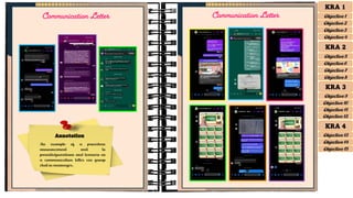 Annotation
An example of a procedure
announcement sent to
parents/guardians and learners as
a communication letter via group
chat in messenger.
Communication Letter Communication Letter
KRA 1
Objective 1
Objective 2
Objective 3
Objective 4
KRA 2
Objective 5
Objective 6
Objective 7
Objective 8
KRA 3
Objective 9
Objective 10
Objective 11
Objective 12
KRA 4
Objective 13
Objective 15
Objective 14
 