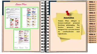 Annotation
Lesson Plan utilized a
learner-centered personal
teaching philosophy. The
teacher planned and
designed her exercises based
on constructivism and
reflectivism.
Lesson Plan
KRA 1
Objective 1
Objective 2
Objective 3
Objective 4
KRA 2
Objective 5
Objective 6
Objective 7
Objective 8
KRA 3
Objective 9
Objective 10
Objective 11
Objective 12
KRA 4
Objective 13
Objective 15
Objective 16
Objective 14
 