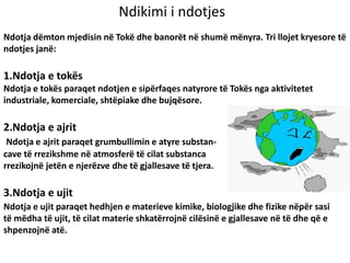 Ndotja dëmton mjedisin në Tokë dhe banorët në shumë mënyra. Tri llojet kryesore të
ndotjes janë:
1.Ndotja e tokës
Ndotja e tokës paraqet ndotjen e sipërfaqes natyrore të Tokës nga aktivitetet
industriale, komerciale, shtëpiake dhe bujqësore.
2.Ndotja e ajrit
Ndotja e ajrit paraqet grumbullimin e atyre substan-
cave të rrezikshme në atmosferë të cilat substanca
rrezikojnë jetën e njerëzve dhe të gjallesave të tjera.
3.Ndotja e ujit
Ndikimi i ndotjes
Ndotja e ujit paraqet hedhjen e materieve kimike, biologjike dhe fizike nëpër sasi
të mëdha të ujit, të cilat materie shkatërrojnë cilësinë e gjallesave në të dhe që e
shpenzojnë atë.
 