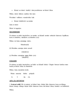  Kitenzi au vitenzi visaidizi vinavyoambatana na kitenzi kikuu
Mfano, mtoto/ alikuwa analima kila mara
Wavulana/ walikuwa wamekwisha kula
 Kitenzi kishirikishi na nomino
Juma ni mtoto
Mtoto/ ni mgonjwa
SHAMIRISHO
Ni sehemu au nafasi inayokaliwa na nomino au kikundi nomino ambacho kinaweza kujulikana
kuwa ni mtendwa, mtendewa au kitendwa (a/a)
Mfano; (a) Juma amempiga mtoto,
Mtendwa(sh)
(b) Mwalimu amempa mtoto zawadi
(mtendewa)
(c) Mwalimu amempiga mtoto fimbo (a/a)
(mtendwa)
CHAGIZO
Ni sehemu au nafasi inayokaliwa na kiulizi au kikundi kielezi. Chagizo huweza kutokea mara
baada ya kitenzi kikuu au shamirisho
Mfano; Juma ataondoka kesho
Mama anasoma kitabu polepole
N T Sh Ch
AINA ZA SENTENSI
1. Sentensi sahili. Hii ni sentensi ya kishazi huru, kishazi hiko kinaweza kuwa na kifungu
kitenzi kimoja, kifungu kitenzi hicho kinaweza kuwa cha kitenzi kikuu, kisaidizi au kishirikishi
Mfano;
 
