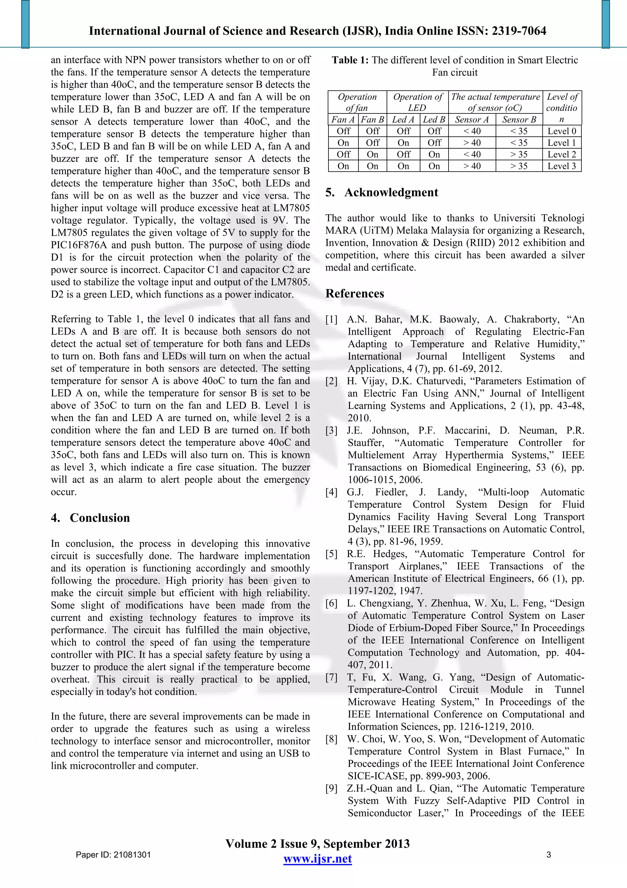 International Journal of Science and Research (IJSR), India Online ISSN: 2319-7064
Volume 2 Issue 9, September 2013
www.ijsr.net
an interface with NPN power transistors whether to on or off
the fans. If the temperature sensor A detects the temperature
is higher than 40oC, and the temperature sensor B detects the
temperature lower than 35oC, LED A and fan A will be on
while LED B, fan B and buzzer are off. If the temperature
sensor A detects temperature lower than 40oC, and the
temperature sensor B detects the temperature higher than
35oC, LED B and fan B will be on while LED A, fan A and
buzzer are off. If the temperature sensor A detects the
temperature higher than 40oC, and the temperature sensor B
detects the temperature higher than 35oC, both LEDs and
fans will be on as well as the buzzer and vice versa. The
higher input voltage will produce excessive heat at LM7805
voltage regulator. Typically, the voltage used is 9V. The
LM7805 regulates the given voltage of 5V to supply for the
PIC16F876A and push button. The purpose of using diode
D1 is for the circuit protection when the polarity of the
power source is incorrect. Capacitor C1 and capacitor C2 are
used to stabilize the voltage input and output of the LM7805.
D2 is a green LED, which functions as a power indicator.
Referring to Table 1, the level 0 indicates that all fans and
LEDs A and B are off. It is because both sensors do not
detect the actual set of temperature for both fans and LEDs
to turn on. Both fans and LEDs will turn on when the actual
set of temperature in both sensors are detected. The setting
temperature for sensor A is above 40oC to turn the fan and
LED A on, while the temperature for sensor B is set to be
above of 35oC to turn on the fan and LED B. Level 1 is
when the fan and LED A are turned on, while level 2 is a
condition where the fan and LED B are turned on. If both
temperature sensors detect the temperature above 40oC and
35oC, both fans and LEDs will also turn on. This is known
as level 3, which indicate a fire case situation. The buzzer
will act as an alarm to alert people about the emergency
occur.
4. Conclusion
In conclusion, the process in developing this innovative
circuit is succesfully done. The hardware implementation
and its operation is functioning accordingly and smoothly
following the procedure. High priority has been given to
make the circuit simple but efficient with high reliability.
Some slight of modifications have been made from the
current and existing technology features to improve its
performance. The circuit has fulfilled the main objective,
which to control the speed of fan using the temperature
controller with PIC. It has a special safety feature by using a
buzzer to produce the alert signal if the temperature become
overheat. This circuit is really practical to be applied,
especially in today's hot condition.
In the future, there are several improvements can be made in
order to upgrade the features such as using a wireless
technology to interface sensor and microcontroller, monitor
and control the temperature via internet and using an USB to
link microcontroller and computer.
Table 1: The different level of condition in Smart Electric
Fan circuit
Operation
of fan
Operation of
LED
The actual temperature
of sensor (oC)
Level of
conditio
nFan A Fan B Led A Led B Sensor A Sensor B
Off Off Off Off < 40 < 35 Level 0
On Off On Off > 40 < 35 Level 1
Off On Off On < 40 > 35 Level 2
On On On On > 40 > 35 Level 3
5. Acknowledgment
The author would like to thanks to Universiti Teknologi
MARA (UiTM) Melaka Malaysia for organizing a Research,
Invention, Innovation & Design (RIID) 2012 exhibition and
competition, where this circuit has been awarded a silver
medal and certificate.
References
[1] A.N. Bahar, M.K. Baowaly, A. Chakraborty, “An
Intelligent Approach of Regulating Electric-Fan
Adapting to Temperature and Relative Humidity,”
International Journal Intelligent Systems and
Applications, 4 (7), pp. 61-69, 2012.
[2] H. Vijay, D.K. Chaturvedi, “Parameters Estimation of
an Electric Fan Using ANN,” Journal of Intelligent
Learning Systems and Applications, 2 (1), pp. 43-48,
2010.
[3] J.E. Johnson, P.F. Maccarini, D. Neuman, P.R.
Stauffer, “Automatic Temperature Controller for
Multielement Array Hyperthermia Systems,” IEEE
Transactions on Biomedical Engineering, 53 (6), pp.
1006-1015, 2006.
[4] G.J. Fiedler, J. Landy, “Multi-loop Automatic
Temperature Control System Design for Fluid
Dynamics Facility Having Several Long Transport
Delays,” IEEE IRE Transactions on Automatic Control,
4 (3), pp. 81-96, 1959.
[5] R.E. Hedges, “Automatic Temperature Control for
Transport Airplanes,” IEEE Transactions of the
American Institute of Electrical Engineers, 66 (1), pp.
1197-1202, 1947.
[6] L. Chengxiang, Y. Zhenhua, W. Xu, L. Feng, “Design
of Automatic Temperature Control System on Laser
Diode of Erbium-Doped Fiber Source,” In Proceedings
of the IEEE International Conference on Intelligent
Computation Technology and Automation, pp. 404-
407, 2011.
[7] T, Fu, X. Wang, G. Yang, “Design of Automatic-
Temperature-Control Circuit Module in Tunnel
Microwave Heating System,” In Proceedings of the
IEEE International Conference on Computational and
Information Sciences, pp. 1216-1219, 2010.
[8] W. Choi, W. Yoo, S. Won, “Development of Automatic
Temperature Control System in Blast Furnace,” In
Proceedings of the IEEE International Joint Conference
SICE-ICASE, pp. 899-903, 2006.
[9] Z.H.-Quan and L. Qian, “The Automatic Temperature
System With Fuzzy Self-Adaptive PID Control in
Semiconductor Laser,” In Proceedings of the IEEE
Paper ID: 21081301 3
 