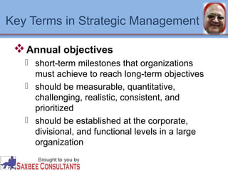 Key Terms in Strategic Management 
Annual objectives 
 short-term milestones that organizations 
must achieve to reach long-term objectives 
 should be measurable, quantitative, 
challenging, realistic, consistent, and 
prioritized 
 should be established at the corporate, 
divisional, and functional levels in a large 
organization 
 