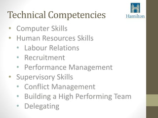 Technical Competencies 
• Computer Skills 
• Human Resources Skills 
• Labour Relations 
• Recruitment 
• Performance Management 
• Supervisory Skills 
• Conflict Management 
• Building a High Performing Team 
• Delegating 
 