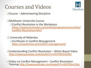 Courses and Videos 
Course – Administering Discipline 
McMaster University Course 
Conflict Resolution in the Workplace 
https://www.mcmaster.ca/conted/programs/essentials/ 
Conflict-Resolution.html 
 University of Waterloo 
Certificate in Conflict Management 
https://uwaterloo.ca/conflict-management/ 
Understanding Conflict Resolution – White Board Video 
http://www.youtube.com/watch?v=KY5TWVz5ZDU 
Video on Conflict Management - Conflict Resolution 
Training http://www.youtube.com/watch?v=k5C92vs1Zos 
 