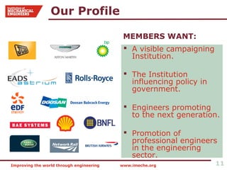 Our Profile

                                           MEMBERS WANT:
                                            A visible campaigning
                                             Institution.

                                            The Institution
                                             influencing policy in
                                             government.

                                            Engineers promoting
                                             to the next generation.

                                            Promotion of
                                             professional engineers
                                             in the engineering
                                             sector.
Improving the world through engineering   www.imeche.org             11
 