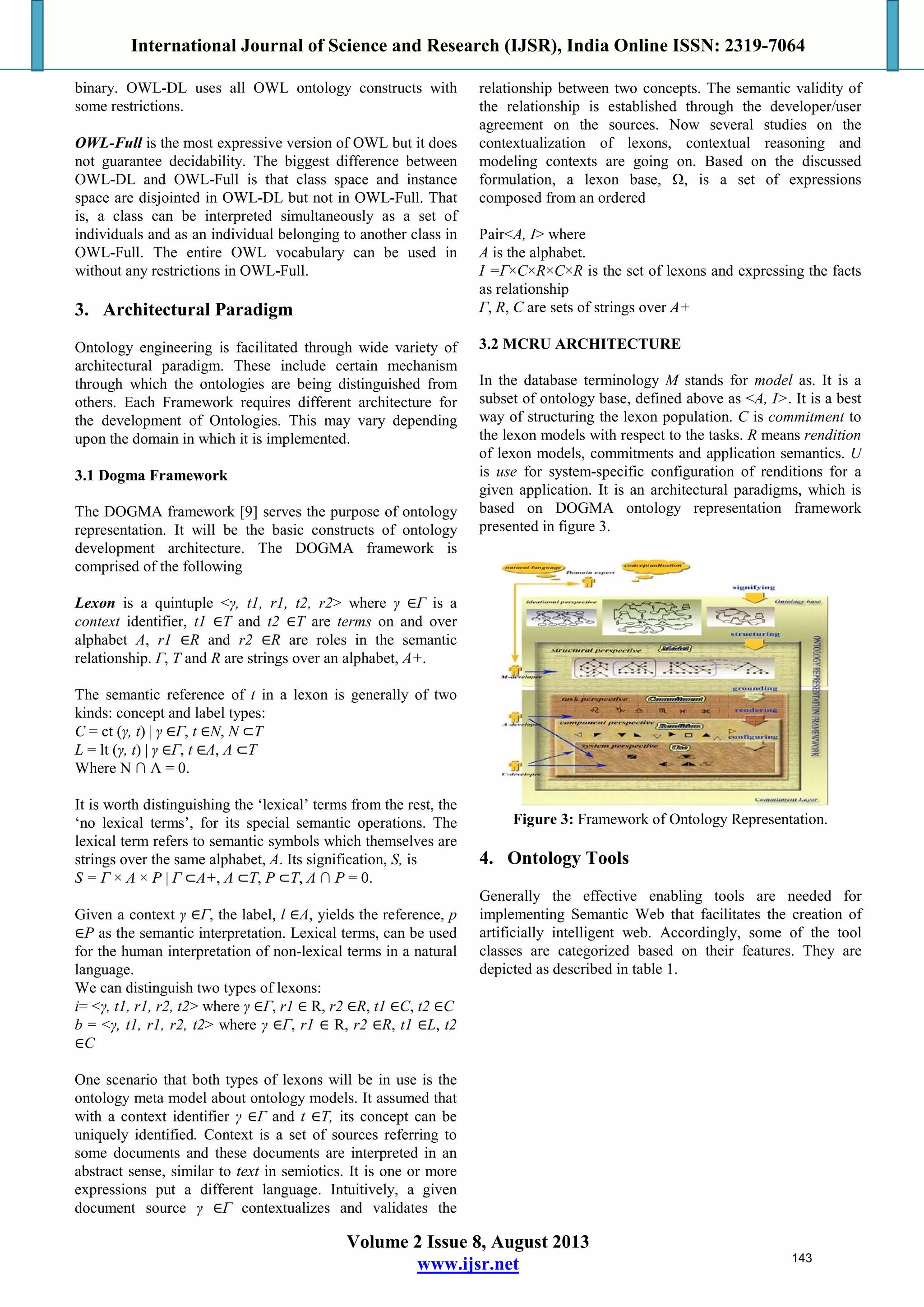International Journal of Science and Research (IJSR), India Online ISSN: 2319-7064
Volume 2 Issue 8, August 2013
www.ijsr.net
binary. OWL-DL uses all OWL ontology constructs with
some restrictions.
OWL-Full is the most expressive version of OWL but it does
not guarantee decidability. The biggest difference between
OWL-DL and OWL-Full is that class space and instance
space are disjointed in OWL-DL but not in OWL-Full. That
is, a class can be interpreted simultaneously as a set of
individuals and as an individual belonging to another class in
OWL-Full. The entire OWL vocabulary can be used in
without any restrictions in OWL-Full.
3. Architectural Paradigm
Ontology engineering is facilitated through wide variety of
architectural paradigm. These include certain mechanism
through which the ontologies are being distinguished from
others. Each Framework requires different architecture for
the development of Ontologies. This may vary depending
upon the domain in which it is implemented.
3.1 Dogma Framework
The DOGMA framework [9] serves the purpose of ontology
representation. It will be the basic constructs of ontology
development architecture. The DOGMA framework is
comprised of the following
Lexon is a quintuple <γ, t1, r1, t2, r2> where γ ∈Γ is a
context identifier, t1 ∈T and t2 ∈T are terms on and over
alphabet A, r1 ∈R and r2 ∈R are roles in the semantic
relationship. Γ, T and R are strings over an alphabet, A+.
The semantic reference of t in a lexon is generally of two
kinds: concept and label types:
C = ct (γ, t) | γ ∈Γ, t ∈N, N ⊂T
L = lt (γ, t) | γ ∈Γ, t ∈Λ, Λ ⊂T
Where N ∩ Λ = 0.
It is worth distinguishing the ‘lexical’ terms from the rest, the
‘no lexical terms’, for its special semantic operations. The
lexical term refers to semantic symbols which themselves are
strings over the same alphabet, A. Its signification, S, is
S = Γ × Λ × P | Γ ⊂A+, Λ ⊂T, P ⊂T, Λ ∩ P = 0.
Given a context γ ∈Γ, the label, l ∈Λ, yields the reference, p
∈P as the semantic interpretation. Lexical terms, can be used
for the human interpretation of non-lexical terms in a natural
language.
We can distinguish two types of lexons:
i= <γ, t1, r1, r2, t2> where γ ∈Γ, r1 ∈ R, r2 ∈R, t1 ∈C, t2 ∈C
b = <γ, t1, r1, r2, t2> where γ ∈Γ, r1 ∈ R, r2 ∈R, t1 ∈L, t2
∈C
One scenario that both types of lexons will be in use is the
ontology meta model about ontology models. It assumed that
with a context identifier γ ∈Γ and t ∈T, its concept can be
uniquely identified. Context is a set of sources referring to
some documents and these documents are interpreted in an
abstract sense, similar to text in semiotics. It is one or more
expressions put a different language. Intuitively, a given
document source γ ∈Γ contextualizes and validates the
relationship between two concepts. The semantic validity of
the relationship is established through the developer/user
agreement on the sources. Now several studies on the
contextualization of lexons, contextual reasoning and
modeling contexts are going on. Based on the discussed
formulation, a lexon base, Ω, is a set of expressions
composed from an ordered
Pair<A, I> where
A is the alphabet.
I =Γ×C×R×C×R is the set of lexons and expressing the facts
as relationship
Γ, R, C are sets of strings over A+
3.2 MCRU ARCHITECTURE
In the database terminology M stands for model as. It is a
subset of ontology base, defined above as <A, I>. It is a best
way of structuring the lexon population. C is commitment to
the lexon models with respect to the tasks. R means rendition
of lexon models, commitments and application semantics. U
is use for system-specific configuration of renditions for a
given application. It is an architectural paradigms, which is
based on DOGMA ontology representation framework
presented in figure 3.
Figure 3: Framework of Ontology Representation.
4. Ontology Tools
Generally the effective enabling tools are needed for
implementing Semantic Web that facilitates the creation of
artificially intelligent web. Accordingly, some of the tool
classes are categorized based on their features. They are
depicted as described in table 1.
143
 