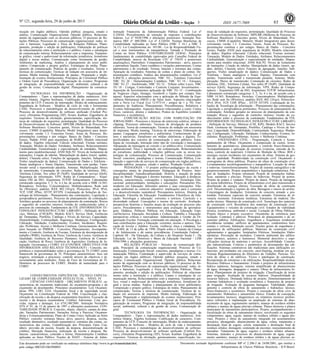 Nº 121, segunda-feira, 29 de junho de 2015 93ISSN 1677-7069
Este documento pode ser verificado no endereço eletrônico http://www.in.gov.br/autenticidade.html,
pelo código 00032015062900093
Documento assinado digitalmente conforme MP no- 2.200-2 de 24/08/2001, que institui a
Infraestrutura de Chaves Públicas Brasileira - ICP-Brasil.
3
nicação em órgãos públicos; Opinião pública: pesquisa, estudo e
análise; Comunicação Organizacional; Opinião pública; Relaciona-
mento da organização com os diversos públicos; O processo de Re-
lações Públicas; Processos de comunicação organizacional: redes, ní-
veis e barreiras; Legislação e Ética de Relações Públicas; Plane-
jamento, produção e edição de publicações; Elaboração de políticas
de relacionamento entre a instituição e o público; Canais e estratégias
de comunicação interna; Relacionamento com a imprensa; Tratamen-
to gráfico, visual e audiovisual da informação jornalística; Jornalismo
digital e novas mídias; Comunicação como ferramenta de gestão;
Ambientes de marketing; Análise e planejamento do texto publi-
citário; Composição e projeto gráfico; Estratégias de mídia; Plane-
jamento de comunicação; Práticas de gestão e resultados; Teorias e
técnicas de comunicação; Técnicas de redação em assessoria de im-
prensa; Media training; Elaboração de pautas.; Preparação e imple-
mentação de eventos institucionais; Princípios de Cerimonial Público
e Ordem Geral de Precedência; Organização de eventos; Programas
de integração, de responsabilidade social, ambiental, cultural e de
gestão de crises; Comunicação digital; Planejamento da comunica-
ção;
TECNOLOGIA DA INFORMAÇÃO - Organização de
Computadores - Tipos e representações de dados numéricos; Arit-
mética binária; Álgebra booleana; Codificação de caracteres; Com-
ponentes da UCP; Conceito de interrupção; Modos de endereçamento.
Engenharia de Software - Modelos de ciclo de vida e ferramentas
CASE; Processos e metodologias de desenvolvimento de software:
Processo de desenvolvimento de software unificado (Unified Pro-
cess), eXtremme Programming (XP), Scrum, Kanban. Engenharia de
requisitos: Técnicas de elicitação, gerenciamento, especificação, téc-
nicas de validação de requisitos, prototipação. Qualidade do Processo
de Desenvolvimento de Software: MPS.BR (Melhoria de Processo do
Software Brasileiro): Conceitos gerais, Níveis de Maturidade, Pro-
cessos; CMMI (Capability Maturity Model Integration) para desen-
volvimento versão 1.3: Conceitos Gerais, Áreas de Processo, Re-
presentações contínua e por estágio. Banco de Dados - Conceitos
Gerais; Padrão ANSI para arquitetura de SGBD; Modelo relacional
de dados; Álgebra relacional; Cálculo relacional; Formas normais;
Transação; Modelo de Dados: Entidades, Atributos, Relacionamentos
Cardinalidade, Generalização e especialização de entidades, Mapea-
mento para modelorelacional; ANSI SQL/92: Níveis de Isolamento de
transações, Criação de tabelas, Manipulação de dados (insert, update,
delete), Clausula select, Funções de agregação, Junções, Subqueries,
Visões (atualização de dados). Comunicação de Dados e Telefonia -
Sinais analógicos e Sinais Digitais; Transmissão com perdas; Trans-
missão serial e transmissão paralela; Antenas; Multiplexação; Meios
de transmissão; Comutação de circuitos; Redes de telefonia; DSL;
Telefonia Celular; Voz sobre IP (VoIP); Qualidade de serviço (QoS);
Segurança da informação; VPN. Redes de Computadores - Arqui-
tetura OSI da ISO; Arquitetura TCP/IP. Infraestrutura: Cabeamento
estruturado categorias 3, 5, 5e, 6 e 6a, de acordo com a NBR 14.565;
Roteadores; Switches; Concentradores; Multiplexadores; Rede sem
fio (Wireless); padrões IEEE 802.11b/g/n; Protocolos: IPv4, IPv6,
TCP, UDP, IPSec, HTTP, HTTPS. Contratação de Soluções de Tec-
nologia da Informação - Planejamento das contratações; Legislação e
jurisprudência pertinentes; Processo de planejamento da contratação;
Artefatos gerados no processo de planejamento da contratação; Riscos
e sugestões de controles internos; Gestão do conhecimento sobre o
processo de contratação. Fundamentos da ITIL (INFORMATION TE-
CHNOLOGY INFRASTRUCTURE LIBRARY) - Definição de Ser-
viço; Métricas (CSF,KPI); Modelo RACI; Service Desk; Gerências
de: Demandas, Portfólio, Catálogo e Níveis de Serviço; Capacidade;
Disponibilidade; Continuidade; Segurança; Mudanças; Configuração;
Liberação; Validação; Conhecimento; Eventos; Incidentes; Requisi-
ção; Problemas; Acesso e Melhoria Contínua. Gerenciamento de Pro-
jetos baseado no PMBOK - Conceitos; Planejamento, Acompanha-
mento e Controle; Gerência de Escopo, Estrutura de decomposição de
trabalho (WBS); Gerência de Prazo; Gerência de Custos; Gerência de
Qualidade; Gerência de Recursos Humanos; Gerência de Comuni-
cação; Gerência de Risco; Gerência de Aquisições; Gerência de In-
tegração. Governança e COBIT 4.0 (CONTROL OBJECTIVES FOR
INFORMATION AND RELATED TECHNOLOGY) - Conceito, im-
portância e responsabilidades sobre a governança de TI; COBIT como
framework de governança de TI; Principais características: foco em
negócio, orientação a processos, controle através de objetivos e di-
recionamento para medições; Áreas de Foco da Governança de TI;
Domínios de processos do COBIT; Modelo de maturidade para o
COBIT.
CONHECIMENTOS ESPECÍFICOS: TÉCNICO ESPECIA-
LIZADO DE COMPLEXIDADE INTELECTUAL - NÍVEL IV
CIÊNCIAS CONTÁBEIS - ORÇAMENTO PÚBLICO: ca-
racterísticas do orçamento tradicional, do orçamento-programa e do
orçamento de desempenho. Princípios orçamentários. Leis Orçamen-
tárias: PPA, LDO, LOA. Orçamento fiscal e de seguridade social.
Orçamento na Constituição Federal de 1988. Conceituação e clas-
sificação da receita e da despesa orçamentária brasileira. Execução da
receita e da despesa orçamentária. Créditos Adicionais. Cota, pro-
visão, repasse e destaque. Lei nº10.180/2001. Instrução Normativa
STN nº 01, de 15 de janeiro de 1997 e alterações posteriores. CON-
TABILIDADE PÚBLICA: Conceito, objeto, objetivo, campo de atua-
ção; Variações Patrimoniais: Variações Ativas e Passivas, Orçamen-
tárias e Extraorçamentárias; Plano de Contas Único Aplicado ao Setor
Público: conceito; estrutura básica: ativo, passivo, despesa, receita,
resultado diminutivo, resultado aumentativo, estrutura das contas, ca-
racterísticas das contas; Contabilização dos Principais Fatos Con-
tábeis: previsão da receita, fixação da despesa, descentralização de
créditos, liberação financeira, realização da receita e despesa; Ba-
lancete: características, conteúdo e forma; Demonstrações Contábeis
aplicadas ao Setor Público. Noções de SIAFI - Sistema de Admi-
nistração Financeira da Administração Pública Federal. Lei nº
4.320/64. Procedimentos de retenção de impostos e contribuições
federais. Lei nº 9430/1996 e alterações posteriores. Instrução Nor-
mativa SRF nº 480/2004. Lei nº 4.320/64. Normas Brasileiras de
Contabilidade Aplicadas ao Setor Público (NBC T 16.1 a NBC T
16.11). Lei Complementar no. 101/00 - Lei de Responsabilidade Fis-
cal e seus instrumentos de transparência. Tomada e Prestação de
Contas no Setor Público. CONTABILIDADE GERAL: Princípios
fundamentais de contabilidade (aprovados pelo Conselho Federal de
Contabilidade, através da Resolução CFC nº 750/93 e posteriores
atualizações); Patrimônio: Componentes Patrimoniais - ativo, passivo
e patrimônio líquido; Fatos contábeis e variações patrimoniais; Contas
patrimoniais e de resultado; Teorias, funções e estrutura das contas;
Apuração de resultados; Sistemas de contas e plano de contas; De-
monstrações contábeis; Análise das demonstrações contábeis; Lei nº
6.404/76 e alterações posteriores. NBC TG - Estrutura Conceitual;
NBC TG 26 - Demonstrações Contábeis; NBC TG 16 - Estoques;
NBC TG 27 - Imobilizado; NBC TG 32 - Tributo sobre Lucro; NBC
TG 18 - Coligas, Controladas e Controle Conjunto. Investimentos -
Aquisição de Investimentos aplicação da NBC TG 15 - Combinação
de Negócios (Ágio, Deságio, Goodwill e Ganho por compra Van-
tajosa). Aspectos relacionados com a aplicação do Método da Equi-
valência Patrimonial (MEP) e do Valor Justo. Aspectos relacionados
com a Nova Lei Fiscal (Lei 12.973/14 - artigos de 1 a 70). Fun-
damentos de Auditoria: Planejamento, Procedimentos, Relatórios e
Eventos Subsequentes. Aspectos básicos relacionados a custo: Custos
(fixos, variáveis, diretos e indiretos); Pontos de Equilíbrio (contábil,
financeiro e econômico).
COMUNICAÇÃO SOCIAL COM HABILITAÇÃO EM
JORNALISMO - Processos e técnicas de entrevista coletiva, release e
clipping; Processos editoriais; Técnicas de divulgação de produtos
editoriais; Teoria da comunicação; Técnicas de redação em assessoria
de imprensa; Media training; Técnicas de entrevistas; Elaboração de
pautas; Linguagem jornalística e publicitária; Conhecimento de gê-
nero e narrativas; Jornalismo em mídias eletrônicas e digitais; Es-
pecificidades dos veículos de comunicação e seus públicos; Estra-
tégias de veiculação; Interação entre tipo de veiculação e mensagens;
Adequação da mensagem ao veículo e ao público-alvo; Comunicação
organizacional; Ética e legislação em comunicação; Relacionamento
do jornalismo, publicidade e relações públicas com as novas tec-
nologias de comunicação; Processo de Comunicação; Comunicação
Social: conceitos, paradigmas e teorias; Comunicação Pública; Con-
tratação e supervisão de serviços de comunicação em órgãos públicos;
Opinião pública: pesquisa, estudo e análise; Produção Gráfica.
PEDAGOGIA - O projeto político-pedagógico da escola e
concepções atuais de planejamento. Pedagogia de Projetos. Inter-
disciplinaridade/ Transdisciplinaridade. História e atuação do peda-
gogo no Brasil. Pedagogia e direitos humanos. Educação à distância:
história, características, concepções e legislações. Tecnologia Edu-
cacional: potencialidades, limitações e concepções. Pensamento Pós-
moderno em Educação: diferentes autores e suas concepções. Edu-
cação ambiental no contexto educativo: implicações para o consumo
e o desenvolvimento sustentável. Pressupostos teóricos. História da
Educação. Filosofia da Educação/ Fundamentos Filosóficos da Edu-
cação. Sociologia e educação: correntes e teóricos. Currículo e a
diversidade cultural. Concepções e teorias do currículo. Avaliação:
perspectivas histórias e funções atuais da avaliação no processo edu-
cativo. Procedimentos e instrumentos para avaliação da aprendiza-
gem. Didática. Políticas Públicas em Educação. Educação Espe-
cial/Inclusiva. Educação, Sociedade e Cultura. Trabalho e Educação:
perspectivas críticas e renovadoras. Administração e Gestão da Or-
ganização Escolar. Formação continuada em educação. A Psicologia e
suas contribuições para a Educação: correntes, teorias e autores. Edu-
cação de Jovens e Adultos. Escola, violência, ética e cidadania. Lei
Nº 8.069, de 13 de julho de 1990. Dispõe sobre o Estatuto da Criança
e do Adolescente e dá outras providências. Constituição Federal -
Capítulo III - Da Educação, da Cultura e do Desporto Seção I - Da
Educação. Lei de Diretrizes e Bases da Educação Nacional - LDB
9394/1996 e alterações posteriores.
RELAÇÕES PÚBLICAS - Veículos de comunicação diri-
gida; Princípios da comunicação organizacional; Processo de Co-
municação; Comunicação Social: conceitos, paradigmas e teorias; Co-
municação Pública; Contratação e supervisão de serviços de comu-
nicação em órgãos públicos; Opinião pública: pesquisa, estudo e
análise; Comunicação Organizacional; Opinião pública; Relaciona-
mento da organização com os diversos públicos; O processo de Re-
lações Públicas; Processos de comunicação organizacional: redes, ní-
veis e barreiras; Legislação e Ética de Relações Públicas; Plane-
jamento, produção e edição de publicações; Políticas de relaciona-
mento entre a instituição e o público; Canais e estratégias de co-
municação interna; Relacionamento com a imprensa; Tratamento grá-
fico, visual e audiovisual da informação jornalística; Jornalismo di-
gital e novas mídias; Análise e planejamento do texto publicitário;
Composição e projeto gráfico; Estratégias de mídia; Planejamento de
comunicação; Teorias e técnicas de comunicação; Técnicas de re-
dação em assessoria de imprensa; Media training; Elaboração de
pautas; Preparação e implementação de eventos institucionais; Prin-
cípios de Cerimonial Público e Ordem Geral de Precedência; Or-
ganização de eventos; Programas de integração, de responsabilidade
social, ambiental, cultural e de gestão de crises; Comunicação di-
gital.
TECNOLOGIA DA INFORMAÇÃO - Organização de
Computadores - Tipos e representações de dados numéricos; Arit-
mética binária; Álgebra booleana; Codificação de caracteres; Com-
ponentes da UCP; Conceito de interrupção; Modos de endereçamento.
Engenharia de Software - Modelos de ciclo de vida e ferramentas
CASE; Processos e metodologias de desenvolvimento de software:
Processo de desenvolvimento de software unificado (Unified Pro-
cess), eXtremme Programming (XP), Scrum, Kanban. Engenharia de
requisitos: Técnicas de elicitação, gerenciamento, especificação, téc-
nicas de validação de requisitos, prototipação. Qualidade do Processo
de Desenvolvimento de Software: MPS.BR (Melhoria de Processo do
Software Brasileiro): Conceitos gerais, Níveis de Maturidade, Pro-
cessos; CMMI (Capability Maturity Model Integration) para desen-
volvimento versão 1.3: Conceitos Gerais, Áreas de Processo, Re-
presentações contínua e por estágio. Banco de Dados - Conceitos
Gerais; Padrão ANSI para arquitetura de SGBD; Modelo relacional
de dados; Álgebra relacional; Cálculo relacional; Formas normais;
Transação; Modelo de Dados: Entidades, Atributos, Relacionamentos
Cardinalidade, Generalização e especialização de entidades, Mapea-
mento para modelo relacional; ANSI SQL/92: Níveis de Isolamento
de transações, Criação de tabelas, Manipulação de dados (insert, up-
date, delete), Clausula select, Funções de agregação, Junções, Sub-
queries, Visões (atualização de dados). Comunicação de Dados e
Telefonia - Sinais analógicos e Sinais Digitais; Transmissão com
perdas; Transmissão serial e transmissão paralela; Antenas; Multi-
plexação; Meios de transmissão; Comutação de circuitos; Redes de
telefonia; DSL; Telefonia Celular; Voz sobre IP (VoIP); Qualidade de
serviço (QoS); Segurança da informação; VPN. Redes de Compu-
tadores - Arquitetura OSI da ISO; Arquitetura TCP/IP. Infraestrutura:
Cabeamento estruturado categorias 3, 5, 5e, 6 e 6a, de acordo com a
NBR 14.565; Roteadores; Switches; Concentradores; Multiplexado-
res; Rede sem fio (Wireless); padrões IEEE 802.11b/g/n; Protocolos:
IPv4, IPv6, TCP, UDP, IPSec, , HTTP, HTTPS. Contratação de So-
luções de Tecnologia da informação - Planejamento das contratações;
Legislação e jurisprudência pertinentes; Processo de planejamento da
contratação; Artefatos gerados no processo de planejamento da con-
tratação; Riscos e sugestões de controles internos; Gestão do co-
nhecimento sobre o processo de contratação. Fundamentos da ITIL
(INFORMATION TECHNOLOGY INFRASTRUCTURE LIBRARY)
- Definição de Serviço; Métricas (CSF, KPI); Modelo RACI; Service
Desk; Gerências de: Demandas, Portfólio, Catálogo e Níveis de Ser-
viço; Capacidade; Disponibilidade; Continuidade; Segurança; Mudan-
ças; Configuração; Liberação; Validação; Conhecimento; Eventos; In-
cidentes; Requisição; Problemas; Acesso e Melhoria Contínua.
ENGENHARIA CIVIL - Programação, Controle e Acom-
panhamento de Obras: Orçamento e composição de custos, levan-
tamento de quantitativos, planejamento e controle físico-financeiro.
Acompanhamento e aplicação de recursos (vistorias, emissão de fa-
turas, controle de materiais). Critérios de Medição de Obras. BDI e
encargos sociais incidentes em orçamentos de obras. Sistema de ges-
tão da qualidade. Produtividade na construção civil. Orçamento e
cronograma de obras públicas. Projetos de obras de construção civil.
Levantamentos aerofotogramétricos e topográficos. Locação de obras
e rodovias. Georreferenciamento. Noções de sistema cartográfico e de
geoprocessamento. Projeto arquitetônico e legislação urbanística. Pro-
jeto de fundações. Projeto estrutural. Projeto de instalações hidráu-
licas, sanitárias e pluviais. Projeto de hidrovias. Projeto de portos.
Projeto de pontes e viadutos. Projeto de túneis. Projeto de barragem
de usina hidrelétrica. Projeto de infraestrutura civil para transmissão e
distribuição de energia elétrica. Execução de obras de construção
civil. Documentação e registro de obra. Barragens e muros de arrimo.
Concretagens de fundações. Estruturas de concreto armado e pro-
tendido. Estruturas especiais de concreto armado. Estruturas de al-
venaria resistente. Estruturas metálicas. Estruturas de madeira. De-
senho técnico. Materiais de construção civil. Tecnologia dos materiais
de construção civil. Resistência dos materiais de construção civil.
Equipamentos e veículos de construção civil. Estudos de viabilidade
técnica, econômica, ambiental e social. Licitação de Obras Públicas:
Projeto básico e projeto executivo. Orçamento de referência para
licitação. Contratos e aditivos. Princípios de planejamento e de or-
çamento público. Edificações: Engenharia e Arquitetura residencial
(residências isoladas, edifícios de apartamentos, condomínios hori-
zontais e verticais, habitação social). Noções gerais de engenharia e
arquitetura de edificações públicas. Materiais de construção civil:
aglomerantes e agregados. Instalações Elétricas. Instalações Hidro-
sanitárias. Prevenção de incêndios. Controle ambiental das edifica-
ções (térmico, acústico e luminoso). Memorial descritivo e espe-
cificações técnicas de materiais e serviços. Acessibilidade. Constru-
ção industrializada. Critérios e parâmetros de desempenho das edi-
ficações. Sistemas construtivos não tradicionais para edificações co-
merciais: pré-moldados em concreto, steel-framing, modular em aço.
Normas Regulamentadoras do Ministério do Trabalho. Perícias: Vis-
toria de obras e de edifícios. Vícios e patologias de construção.
Recuperação de estruturas e de edificações. Responsabilidade técnica.
Recursos Hídricos e Saneamento: Estudo e projetos de infraestrutura
hídrica (adutoras, barragens, sistema simplificado de abastecimento
de água, drenagens, dragagens e canais). Obras de infraestrutura hí-
drica. Planejamento de projetos de irrigação. Classificação de terras
para irrigação. Avaliação de recursos hídricos. Disponibilidade de
recursos hídricos. Demanda hídrica do projeto. Dimensionamento de
sistemas hidráulicos e avaliação econômica e financeira de projetos
de irrigação. Avaliação de pequenas barragens. Viabilidade, plane-
jamento e controle de obras de saneamento e hidráulica: técnico,
físico-financeiro e econômico. Projeto e execução de obras civis de
saneamento. Hidráulica e saneamento básico. Estudos de concepção,
levantamentos técnicos, diagnósticos ou relatórios técnicos prelimi-
nares referentes à implantação ou ampliação de sistemas de abas-
tecimento de água, esgotamento sanitário, manejo de resíduos sólidos
urbanos e manejo de águas pluviais urbanas. Planos diretores e planos
municipais de saneamento participativos. Projeto, acompanhamento e
fiscalização de obras de saneamento básico, envolvendo os seguintes
componentes: água, esgoto, manejo de resíduos sólidos e águas plu-
viais. Projetos e obras de saneamento integrado em assentamentos
precários, abrangendo: abastecimento de água; coleta, tratamento e
destinação final de esgoto; coleta, tratamento e destinação final de
resíduos sólidos; drenagem; contenção de encostas; reassentamento de
moradias. Tratamento de água, esgotos e resíduos sólidos urbanos.
Sistemas, métodos e processos de abastecimento de água; esgota-
mento sanitário; manejo de resíduos sólidos e de águas pluviais ur-
 