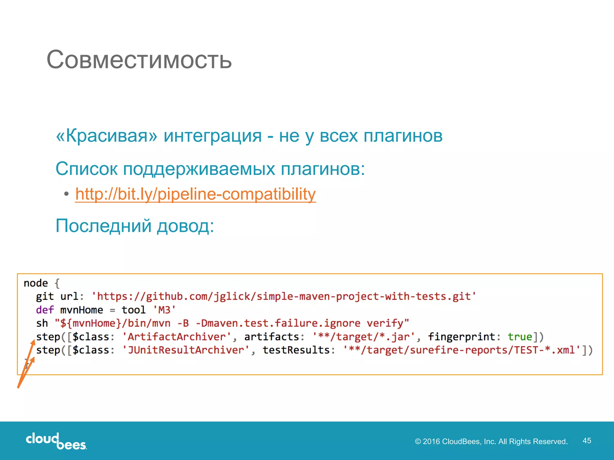© 2016 CloudBees, Inc. All Rights Reserved. 45
«Красивая» интеграция - не у всех плагинов
Список поддерживаемых плагинов:
• http://bit.ly/pipeline-compatibility
Последний довод:
Совместимость
 
