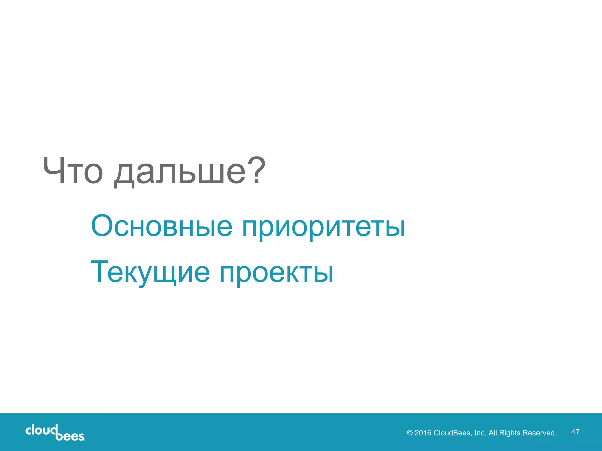 © 2016 CloudBees, Inc. All Rights Reserved. 47
Основные приоритеты
Текущие проекты
Что дальше?
 
