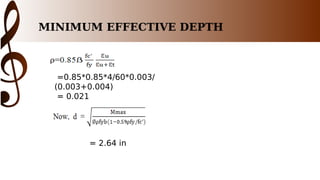 MINIMUM EFFECTIVE DEPTH
=0.85*0.85*4/60*0.003/
(0.003+0.004)
= 0.021
= 2.64 in
 