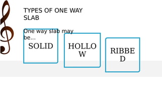 SOLID HOLLO
W RIBBE
D
TYPES OF ONE WAY
SLAB
One way slab may
be…
 