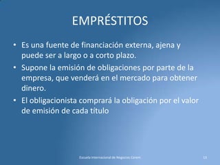EMPRÉSTITOS
• Es una fuente de financiación externa, ajena y
puede ser a largo o a corto plazo.
• Supone la emisión de obligaciones por parte de la
empresa, que venderá en el mercado para obtener
dinero.
• El obligacionista comprará la obligación por el valor
de emisión de cada título

Escuela Internacional de Negocios Cerem

13

 