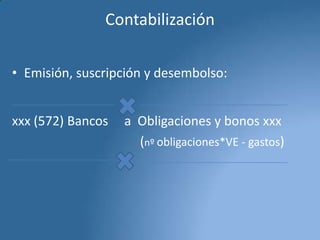 Contabilización
• Emisión, suscripción y desembolso:
xxx (572) Bancos

a Obligaciones y bonos xxx
(nº obligaciones*VE - gastos)

 