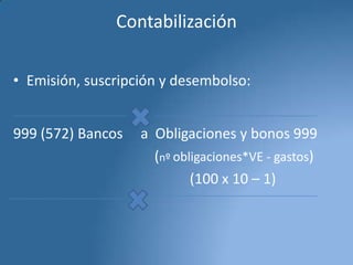 Contabilización
• Emisión, suscripción y desembolso:
999 (572) Bancos

a Obligaciones y bonos 999
(nº obligaciones*VE - gastos)
(100 x 10 – 1)

 
