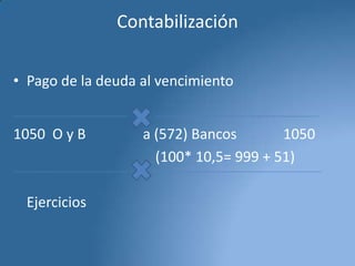 Contabilización
• Pago de la deuda al vencimiento
1050 O y B

Ejercicios

a (572) Bancos
1050
(100* 10,5= 999 + 51)

 