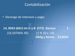 Contabilización
• Devengo de intereses y pago:
14, 8563 (661) Int O y B (572) Bancos
1
(16,50706% 90)
(1 % 10 x 10)
Oblig y bonos 13,8563

 