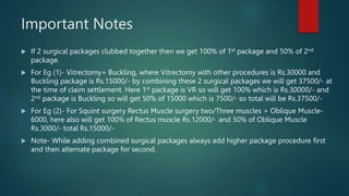 Important Notes
 If 2 surgical packages clubbed together then we get 100% of 1st package and 50% of 2nd
package.
 For Eg (1)- Vitrectomy+ Buckling, where Vitrectomy with other procedures is Rs.30000 and
Buckling package is Rs.15000/- by combining these 2 surgical packages we will get 37500/- at
the time of claim settlement. Here 1st package is VR so will get 100% which is Rs.30000/- and
2nd package is Buckling so will get 50% of 15000 which is 7500/- so total will be Rs.37500/-
 For Eg (2)- For Squint surgery Rectus Muscle surgery two/Three muscles + Oblique Muscle-
6000, here also will get 100% of Rectus muscle Rs.12000/- and 50% of Oblique Muscle
Rs.3000/- total Rs.15000/-
 Note- While adding combined surgical packages always add higher package procedure first
and then alternate package for second.
 