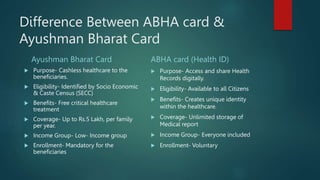 Difference Between ABHA card &
Ayushman Bharat Card
Ayushman Bharat Card
 Purpose- Cashless healthcare to the
beneficiaries.
 Eligibility- Identified by Socio Economic
& Caste Census (SECC)
 Benefits- Free critical healthcare
treatment
 Coverage- Up to Rs.5 Lakh, per family
per year.
 Income Group- Low- Income group
 Enrollment- Mandatory for the
beneficiaries
ABHA card (Health ID)
 Purpose- Access and share Health
Records digitally.
 Eligibility- Available to all Citizens
 Benefits- Creates unique identity
within the healthcare.
 Coverage- Unlimited storage of
Medical report
 Income Group- Everyone included
 Enrollment- Voluntary
 