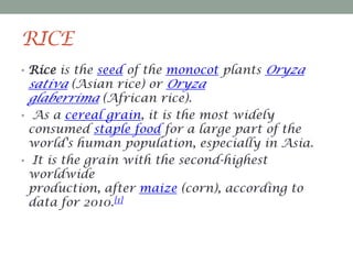 RICE
• Rice is the seed of the monocot plants

sativa (Asian rice) or Oryza
glaberrima (African rice).

Oryza

• As a cereal grain, it is the most widely

consumed staple food for a large part of the
world's human population, especially in Asia.
• It is the grain with the second-highest
worldwide
production, after maize (corn), according to
data for 2010.[1]

 