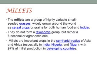 MILLETS
• The millets are a group of highly variable small-

seeded grasses, widely grown around the world
as cereal crops or grains for both human food and fodder.
• They do not form a taxonomic group, but rather a
functional or agronomic one.
• Millets are important crops in the semi-arid tropics of Asia
and Africa (especially in India, Nigeria, and Niger), with
97% of millet production in developing countries.

 