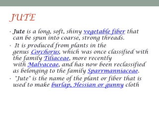 JUTE
• Jute is a long, soft, shiny vegetable fiber that

can be spun into coarse, strong threads.
• It is produced from plants in the
genus Corchorus, which was once classified with
the family Tiliaceae, more recently
with Malvaceae, and has now been reclassified
as belonging to the family Sparrmanniaceae.
• "Jute" is the name of the plant or fiber that is
used to make burlap, Hessian or gunny cloth

 