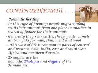 CONTINUED[PART1]. . . ………
2.Nomadic herding
• In this type of farming people migrate along
with their animals from one place to another in
search of fodder for their animals.
• Generally they rear cattle, sheep, goats, camels
and/or yaks for milk, skin, meat and wool
• . This way of life is common in parts of central
and western Asia, India, east and south-west
Africa and northern Eurasia.
• Examples are the
nomadic Bhotiyas and Gujjars of the
Himalayas.

 
