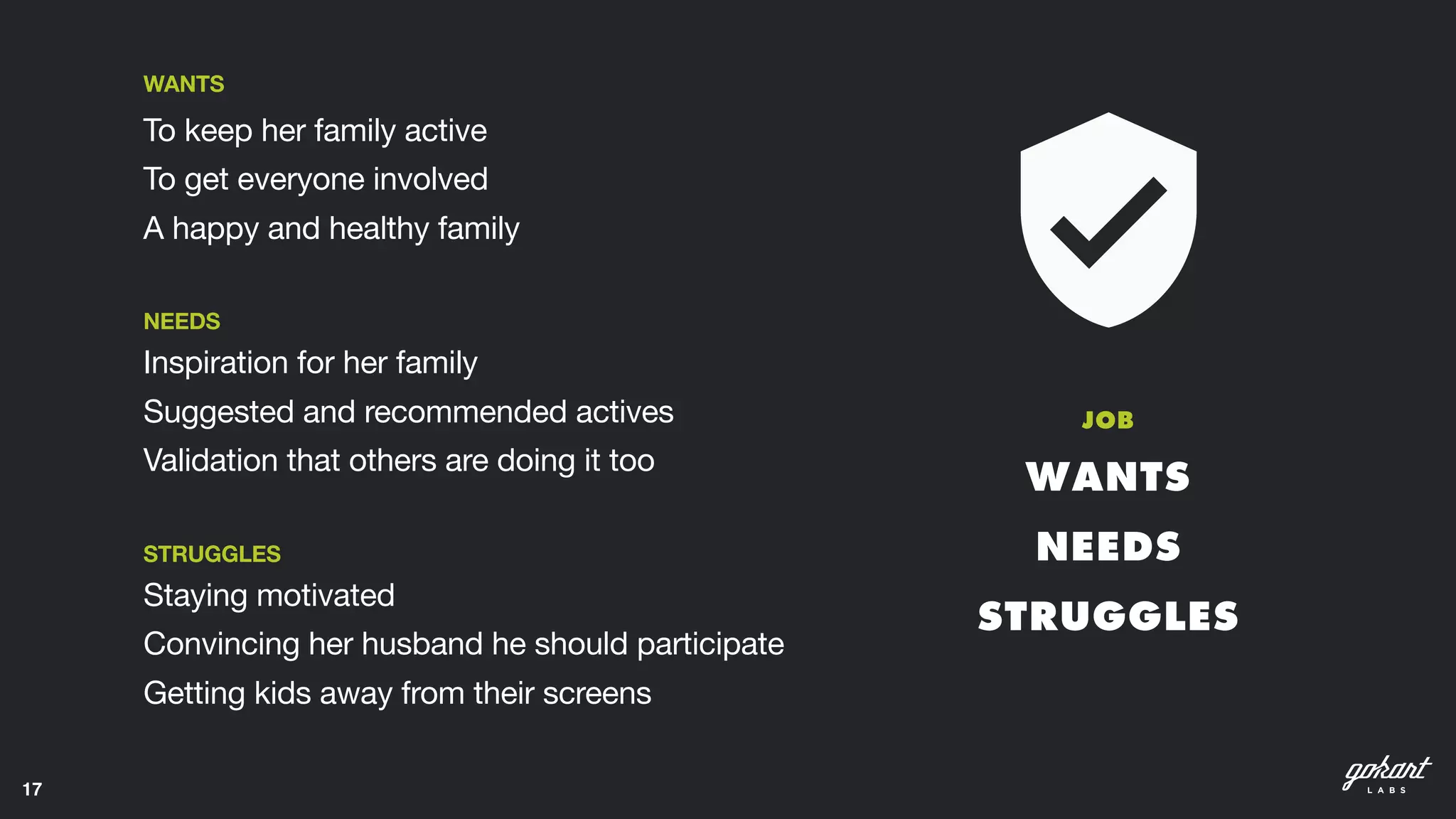 WANTS
To keep her family active 

To get everyone involved 

A happy and healthy family 

NEEDS
Inspiration for her family 

Suggested and recommended actives 

Validation that others are doing it too 

STRUGGLES
Staying motivated 

Convincing her husband he should participate 

Getting kids away from their screens 

17
JOB
WANTS
NEEDS
STRUGGLES
 