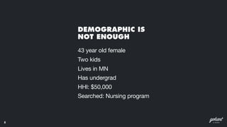 8
43 year old female 

Two kids 

Lives in MN 

Has undergrad 

HHI: $50,000 

Searched: Nursing program
DEMOGRAPHIC IS  
...