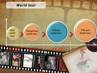 World tour
1987-1989
Bad
world
tour
Dangerous
world tour
1992- 1993
HIStory
world tour
1996- 1997
This is it
World tour
2009
 