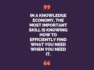 IN A KNOWLEDGE
ECONOMY, THE
MOST IMPORTANT
SKILL IS KNOWING
HOW TO
EFFICIENTLY FIND
WHAT YOU NEED
WHEN YOU NEED
IT.
 