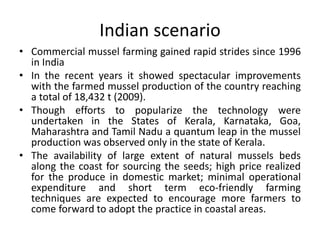 Indian scenario
• Commercial mussel farming gained rapid strides since 1996
in India
• In the recent years it showed spectacular improvements
with the farmed mussel production of the country reaching
a total of 18,432 t (2009).
• Though efforts to popularize the technology were
undertaken in the States of Kerala, Karnataka, Goa,
Maharashtra and Tamil Nadu a quantum leap in the mussel
production was observed only in the state of Kerala.
• The availability of large extent of natural mussels beds
along the coast for sourcing the seeds; high price realized
for the produce in domestic market; minimal operational
expenditure and short term eco-friendly farming
techniques are expected to encourage more farmers to
come forward to adopt the practice in coastal areas.
 