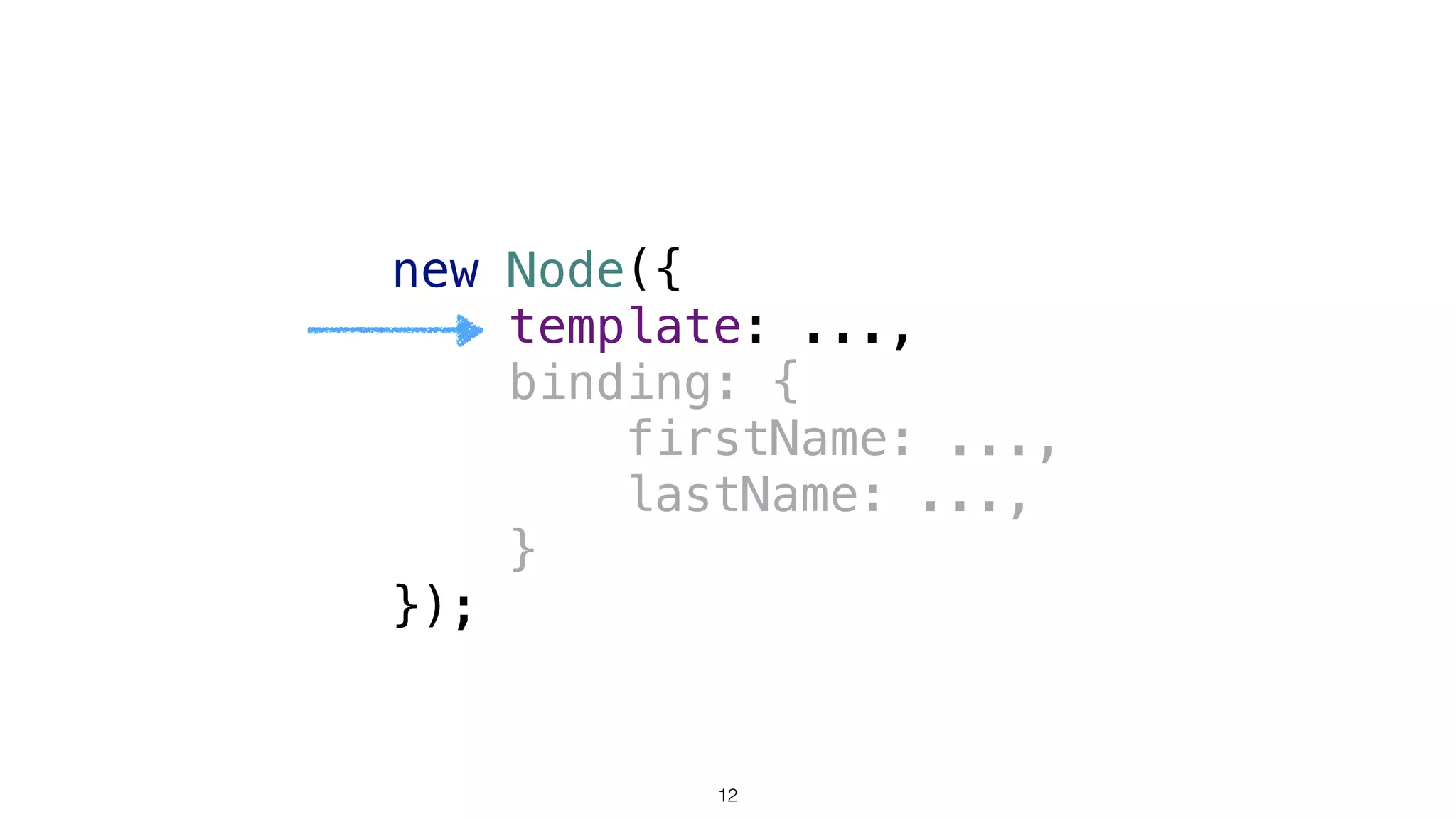  
new Node({ 
template: ..., 
binding: { 
firstName: ..., 
lastName: ..., 
} 
});
12
 