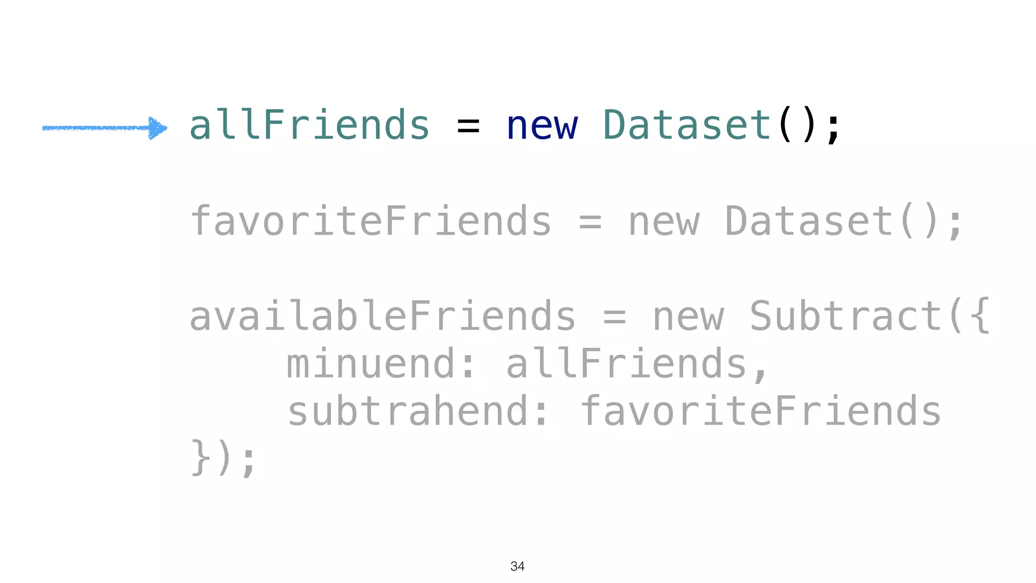 allFriends = new Dataset();
favoriteFriends = new Dataset(); 
 
availableFriends = new Subtract({ 
minuend: allFriends, 
subtrahend: favoriteFriends 
});
34
 