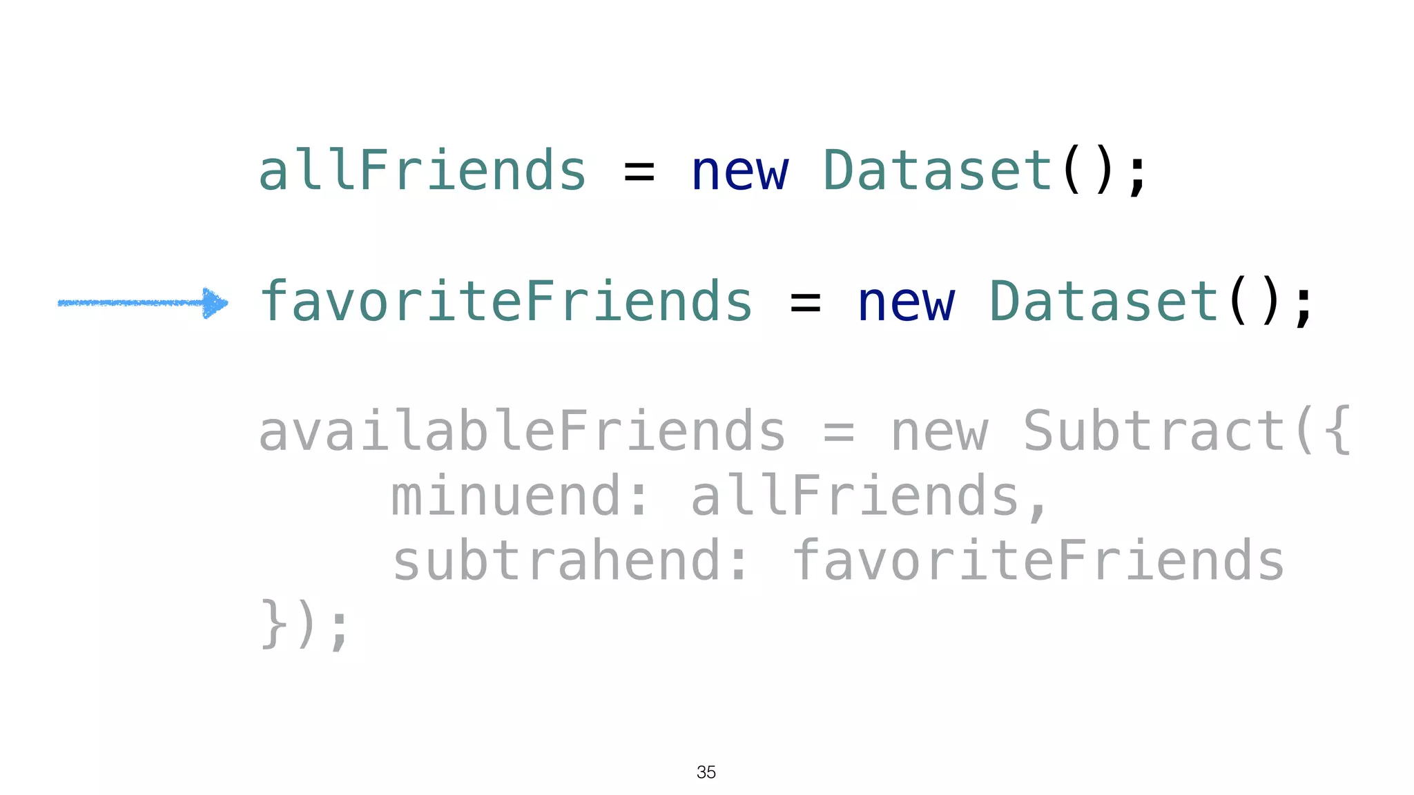 allFriends = new Dataset();
favoriteFriends = new Dataset(); 
 
availableFriends = new Subtract({ 
minuend: allFriends, 
subtrahend: favoriteFriends 
});
35
 