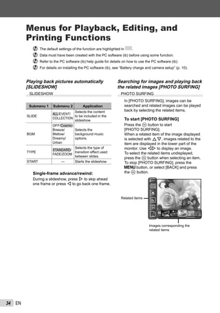 34 EN
Menus for Playback, Editing, and
Printing Functions
The default settings of the function are highlighted in .
Data must have been created with the PC software (ib) before using some function.
Refer to the PC software (ib) help guide for details on how to use the PC software (ib).
For details on installing the PC software (ib), see “Battery charge and camera setup” (p. 10).
Playing back pictures automatically
[SLIDESHOW]
SLIDESHOW
Submenu 1 Submenu 2 Application
SLIDE
ALL/EVENT/
COLLECTION
Selects the content
to be included in the
slideshow.
BGM
OFF/Cosmic/
Breeze/
Mellow/
Dreamy/
Urban
Selects the
background music
options.
TYPE
STANDARD/
FADE/ZOOM
Selects the type of
transition effect used
between slides.
START ― Starts the slideshow.
Single-frame advance/rewind:
During a slideshow, press I to skip ahead
one frame or press H to go back one frame.
Searching for images and playing back
the related images [PHOTO SURFING]
PHOTO SURFING
In [PHOTO SURFING], images can be
searched and related images can be played
back by selecting the related items.
To start [PHOTO SURFING]
Press the A button to start
[PHOTO SURFING].
When a related item of the image displayed
is selected with FG, images related to the
item are displayed in the lower part of the
monitor. Use HI to display an image.
To select the related items undisplayed,
press the A button when selecting an item.
To stop [PHOTO SURFING], press the
m button, or select [BACK] and press
the A button.
2010/
02/26
2010/
02/26
35ºN
139ºE
35ºN
139ºE
BACKBACK
Related items
Images corresponding the
related items
 