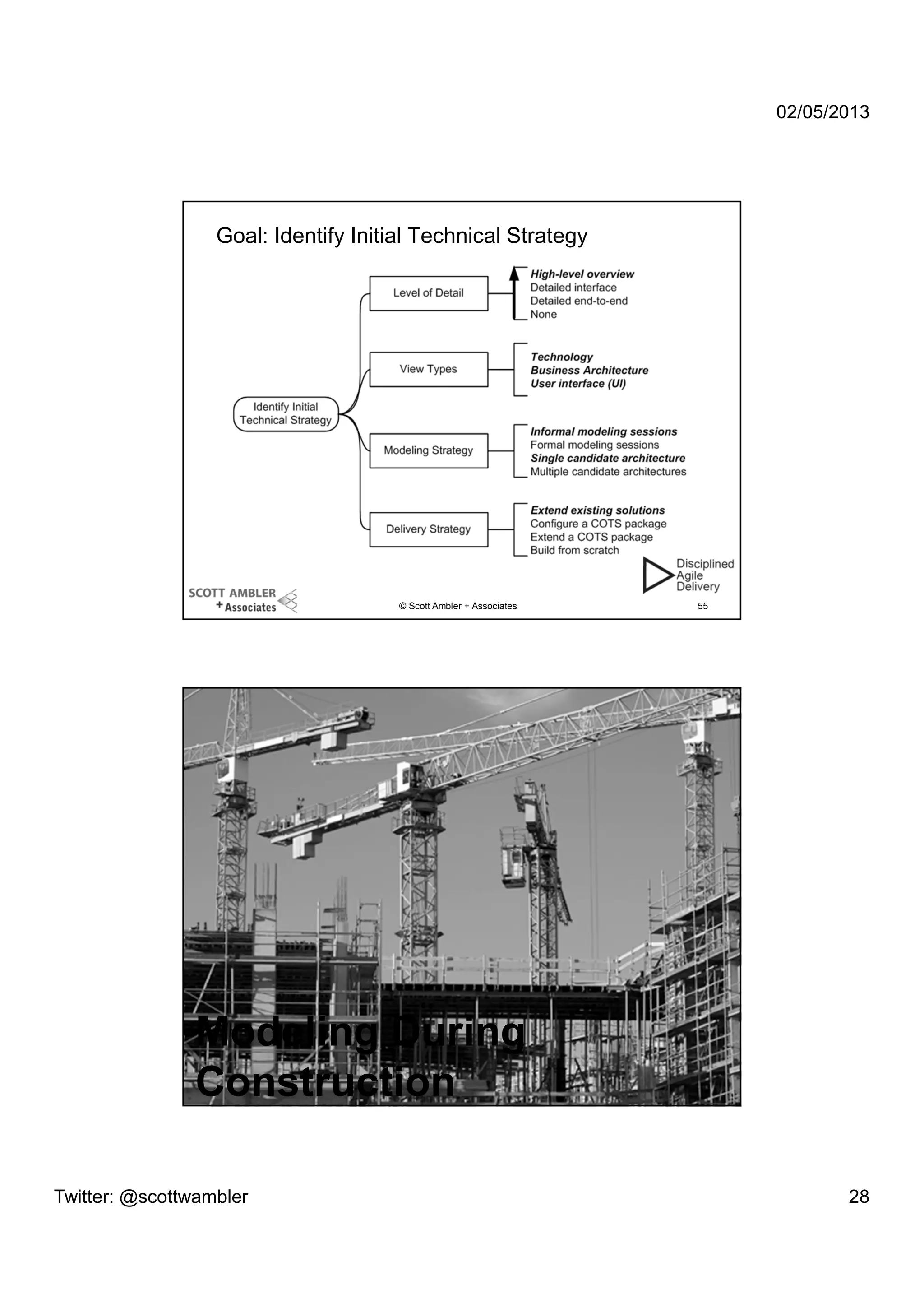 02/05/2013

Goal: Identify Initial Technical Strategy

© Scott Ambler + Associates

Modeling During
Construction
© Scott Ambler + Associates

Twitter: @scottwambler

55

56

28

 
